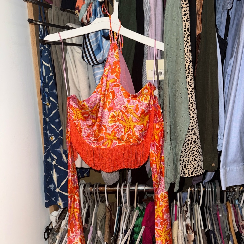 Dress Forum Pink and Orange Halter Top with Fringe